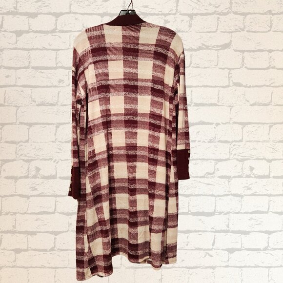 Ginger G Cardigan Sweater Womens M Burgundy Checkered Long Sleeves Open Style - Picture 2 of 9